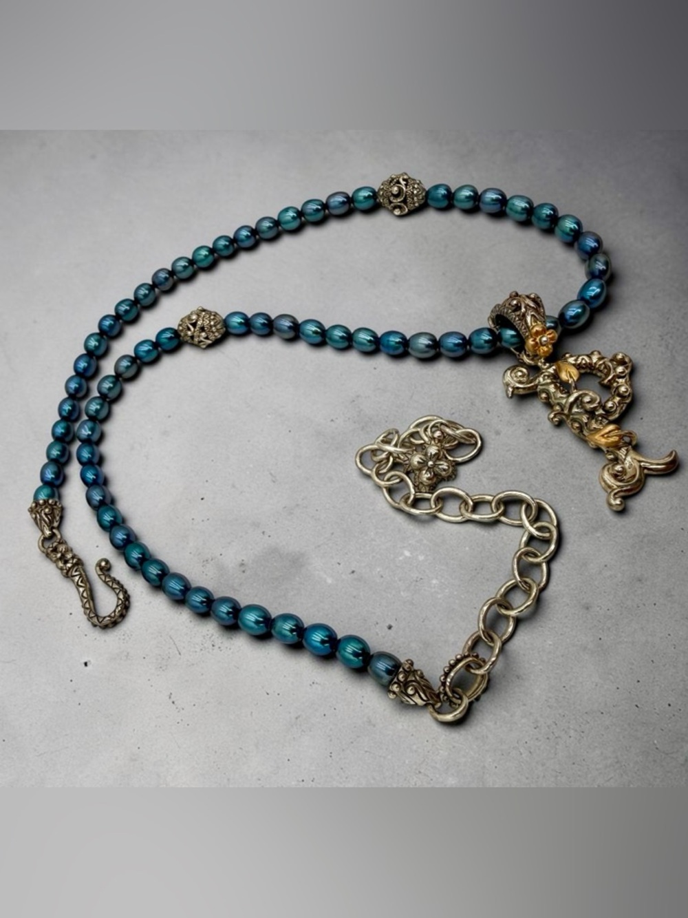 Barbara Bixby Honora Indigo Blue Pearl Necklace w  Initial Enhancer 18K Sterling